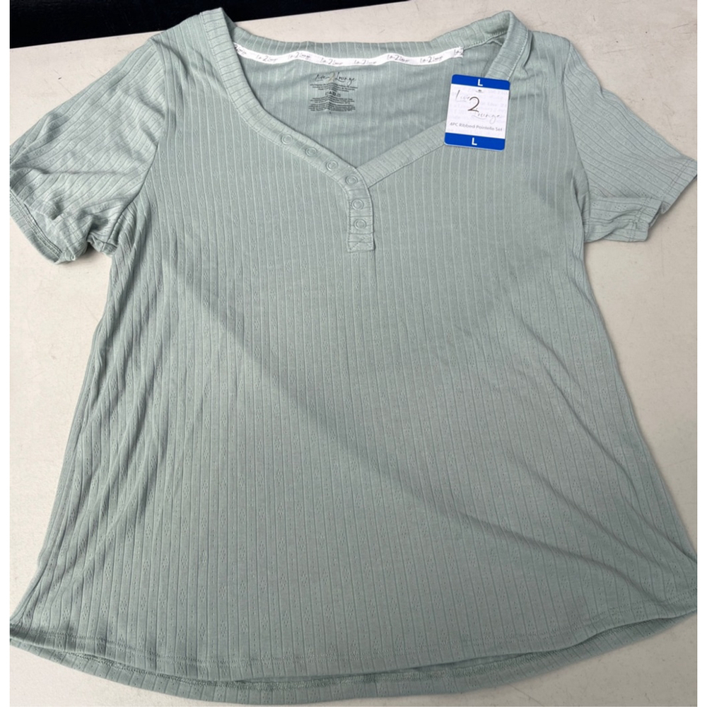 Women's Live 2 Lounge Pajamas L Light Green White 4 piece set NWT